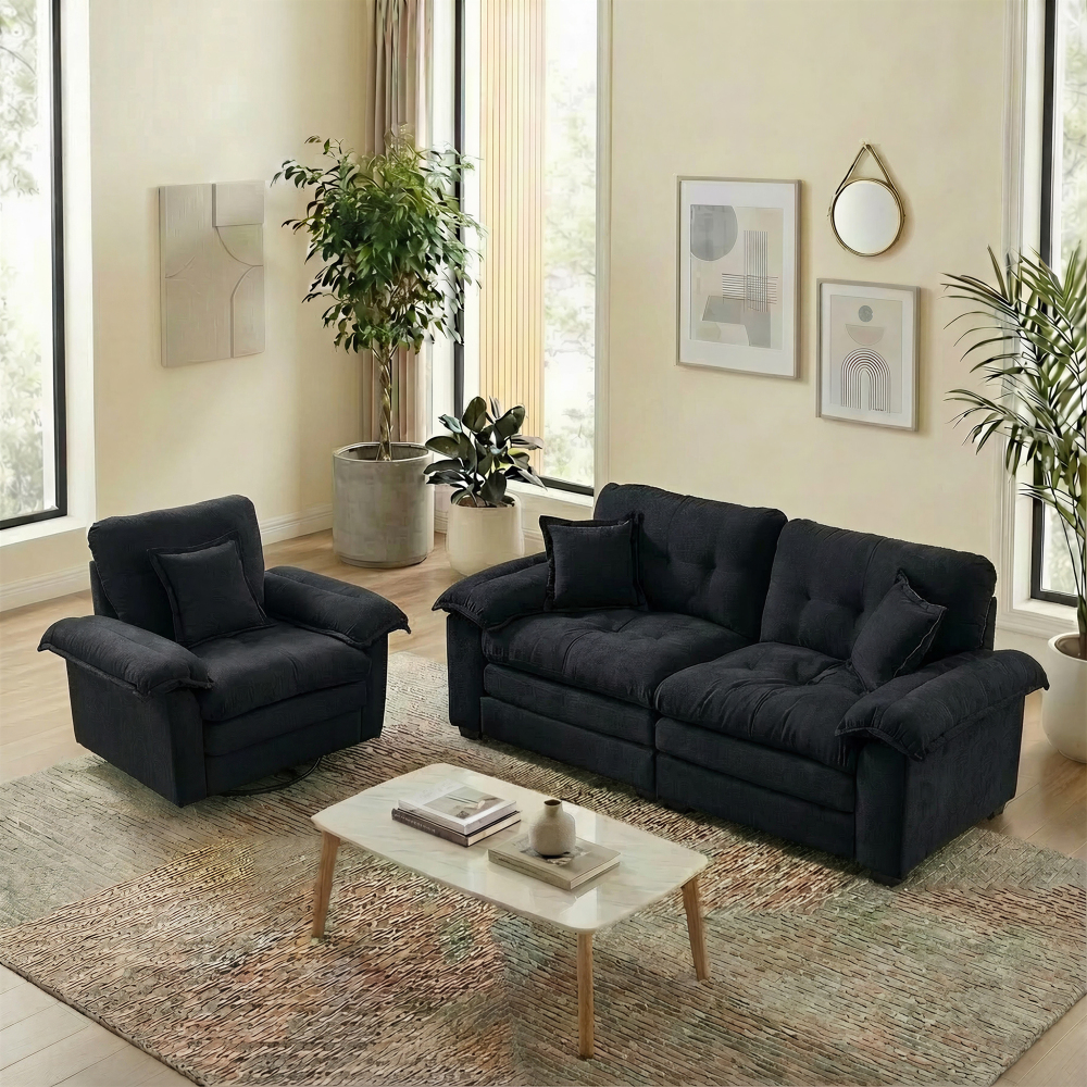 Conjunto sofás tapizados negro 1 y 2 plazas con cojines
