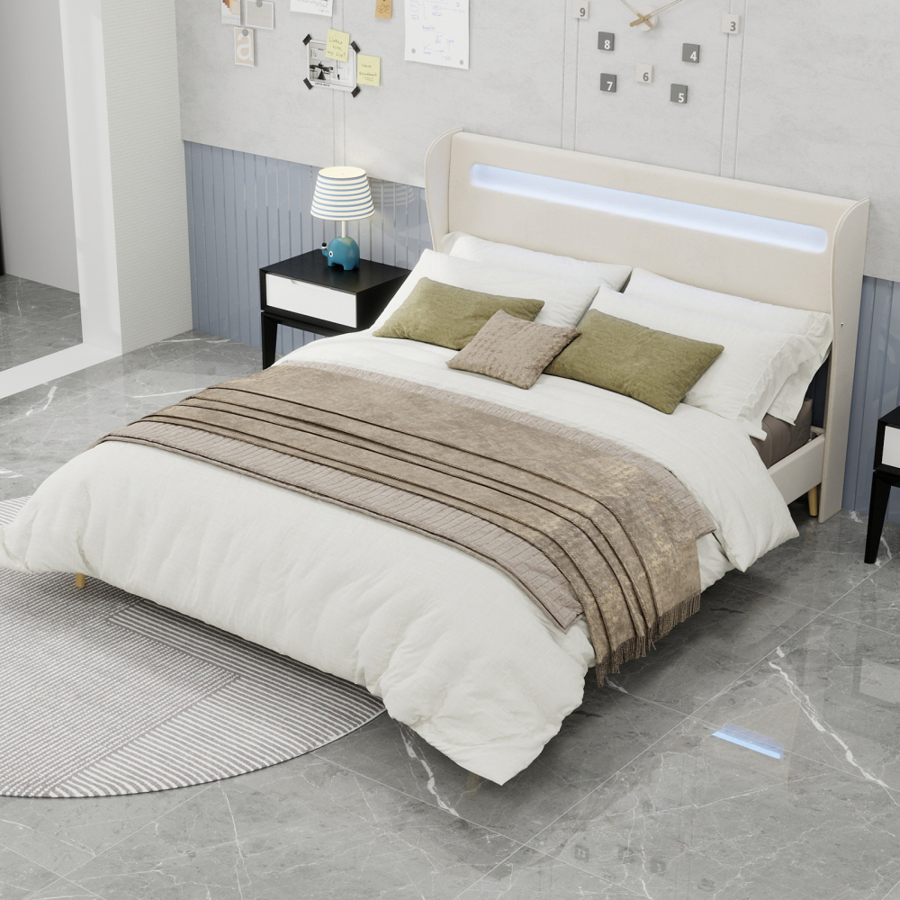 Cama tapizada 160x200 cm con LED y respaldo ajustable tela – color beige