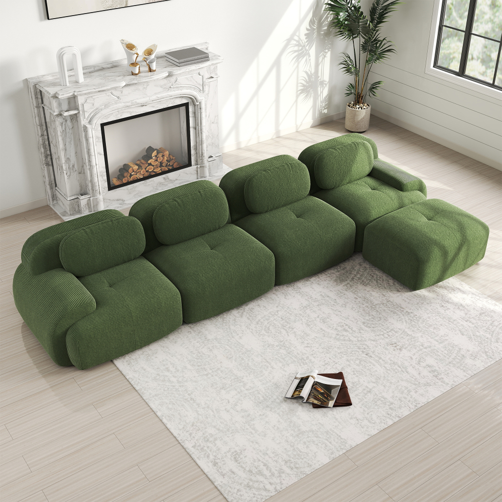 Sofá en l modular de pana verde 4 plazas con chaise longue sin montaje