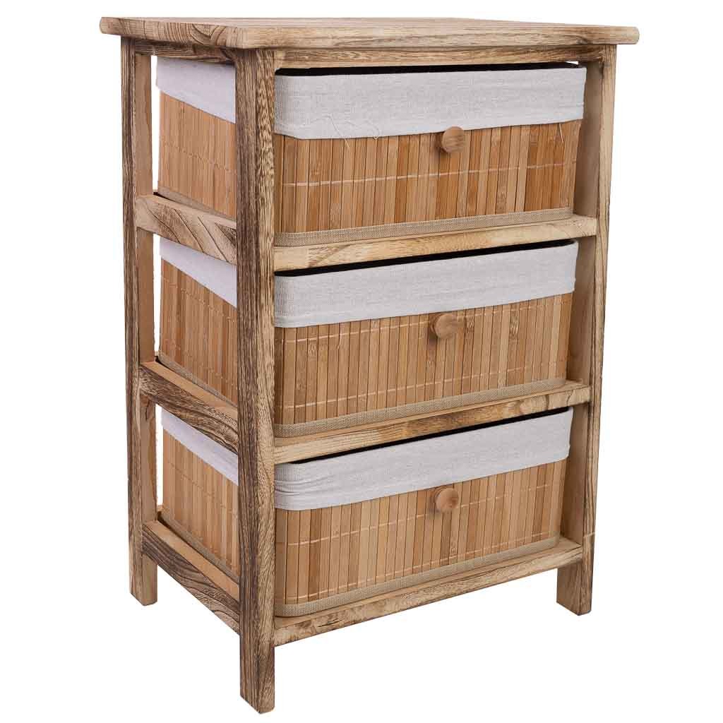 Cajonera marrón de madera con 3 cajones de bambú forrados 40x29x58 cm
