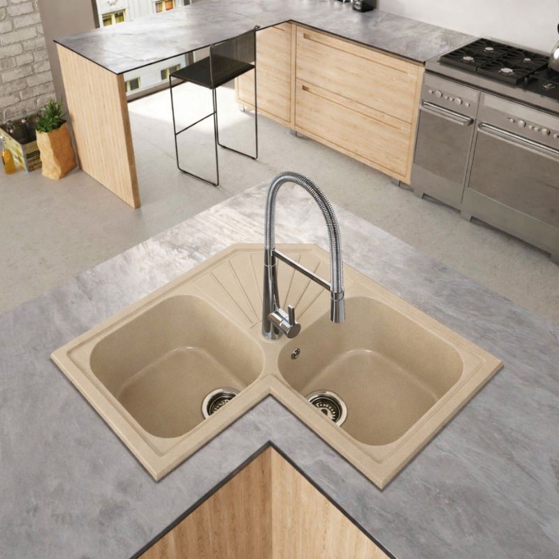 Fregadero angular ícaro 2 senos 76,5x76,5 resina beige mueble 80 cm