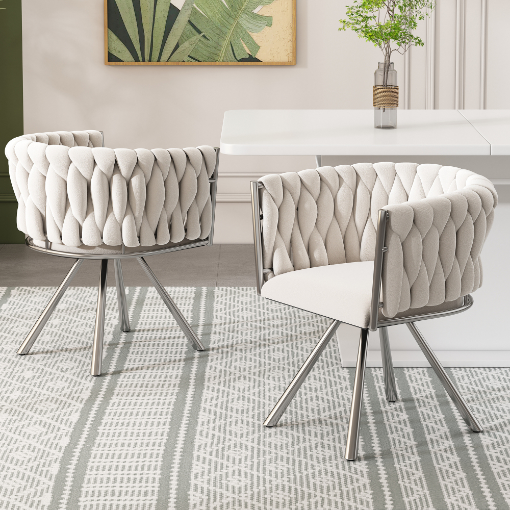 Silla de comedor giratoria de terciopelo beige con patas plateadas set de 2