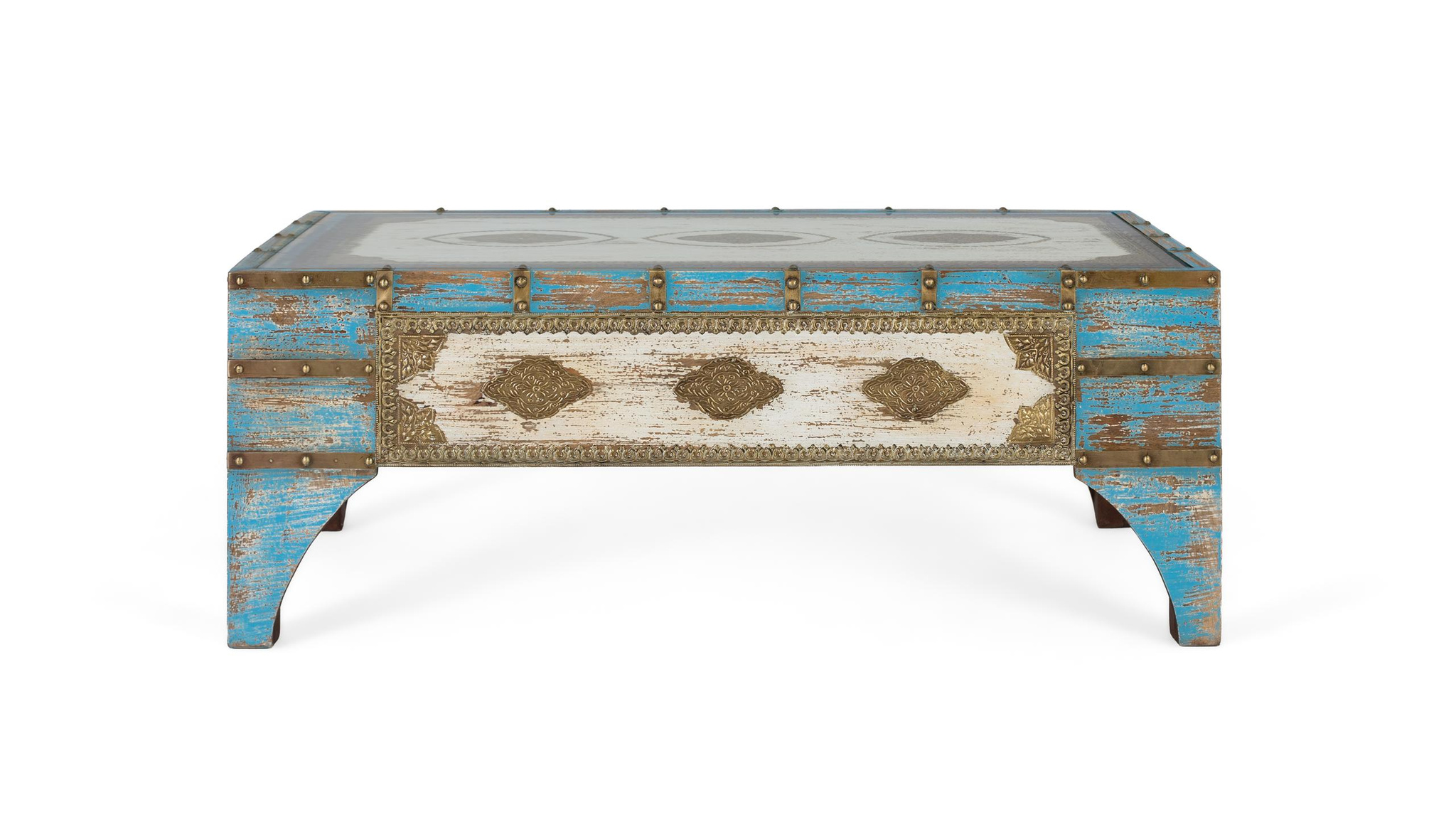 Mesa de centro de madera de mango en color azul y blanco envejecido 120 cm