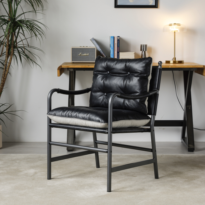 Sillón de cuero negro con estructura de metal para salón y dormitorio
