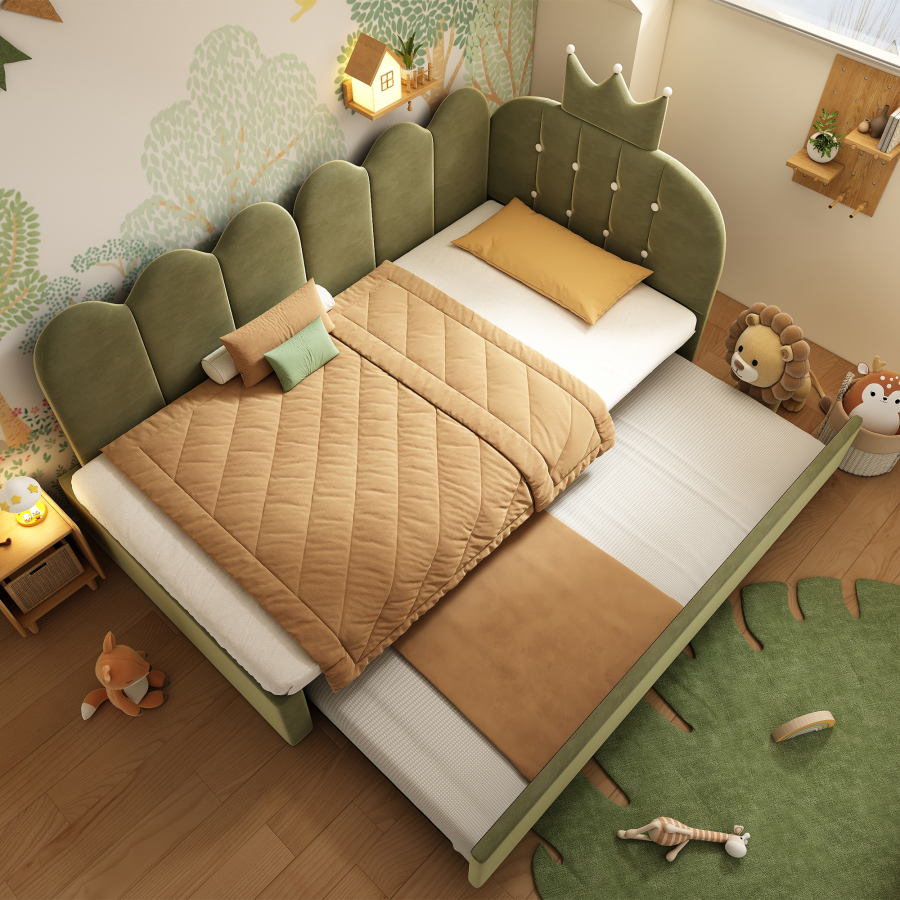 Cama 90x200cm con cama nido y respaldo de terciopelo – color verde