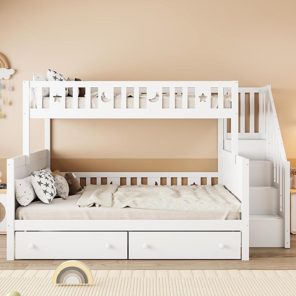 Litera infantil 90x200/140x200cm, 2 cajones, madera maciza blanca