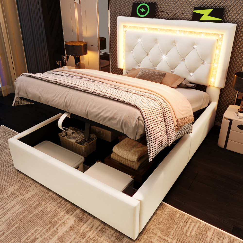 Cama tapizada 90x200cm LED carga usb canapé terciopelo beige con colchón