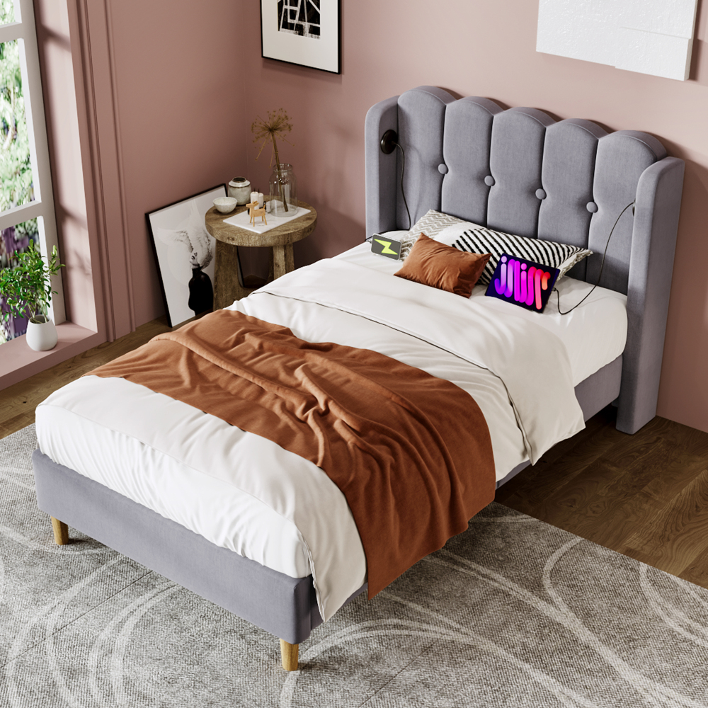 Cama tapizada 90x200 cm con usb y tipo c lino – color gris