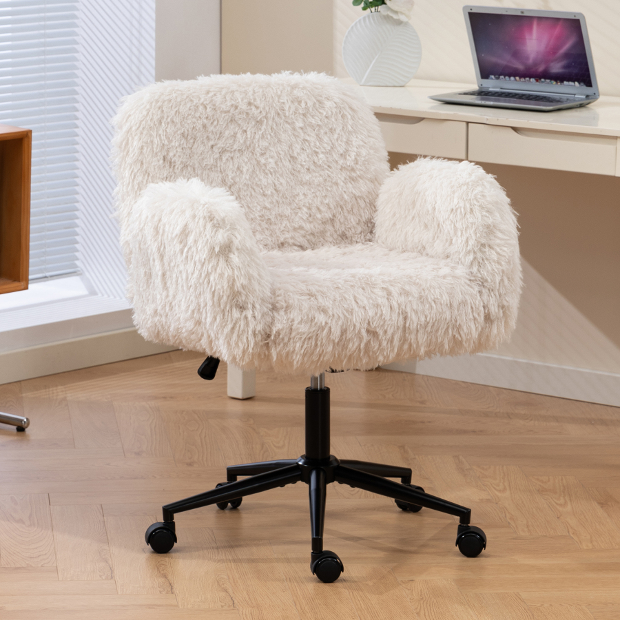 Silla de oficina ergonómica beige tipo lana con reposabrazos