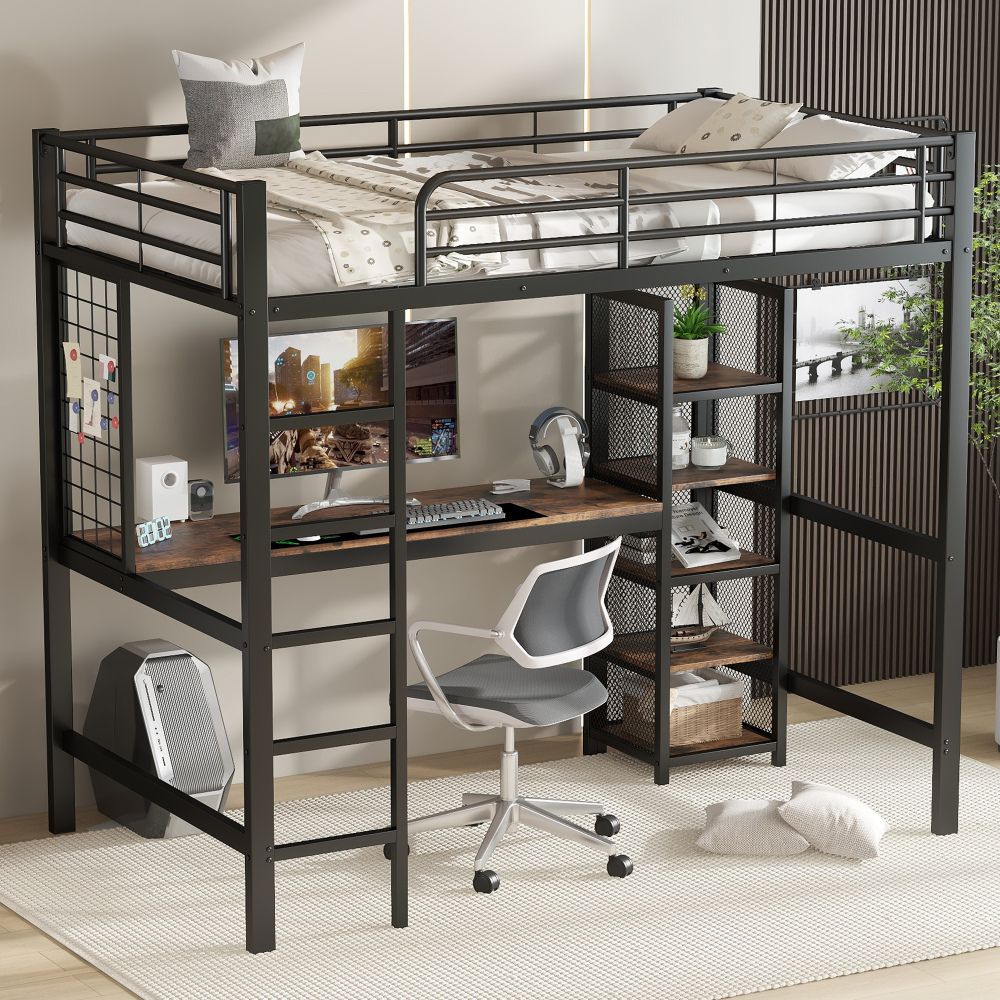 Cama alta 90x200cm con escritorio y estantes metal+mdf negro nogal oscuro