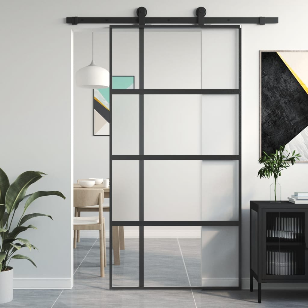 Puerta corredera vidrio templado y aluminio negra 102,5x205 cm esxt5796