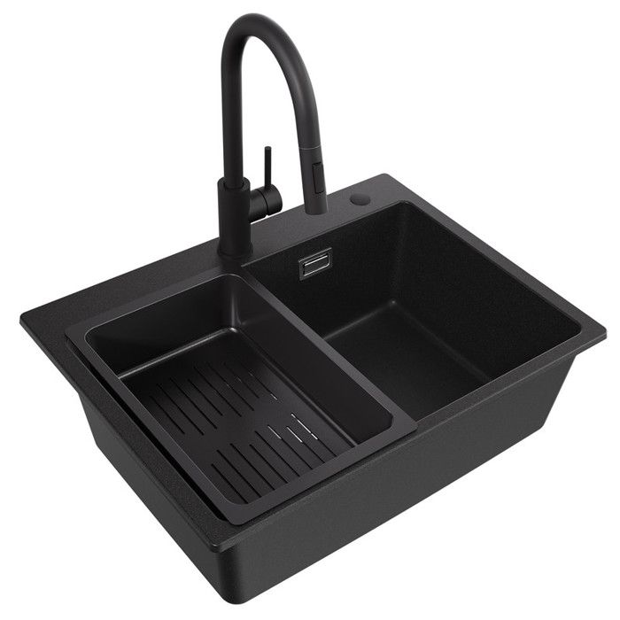 Fregadero de cocina de granito 60x45cm con canasta de drenaje y grifo extra