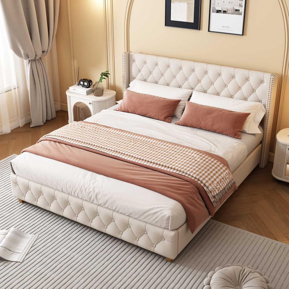 Cama tapizada 180x200cm con cabecero y somier lino – beige