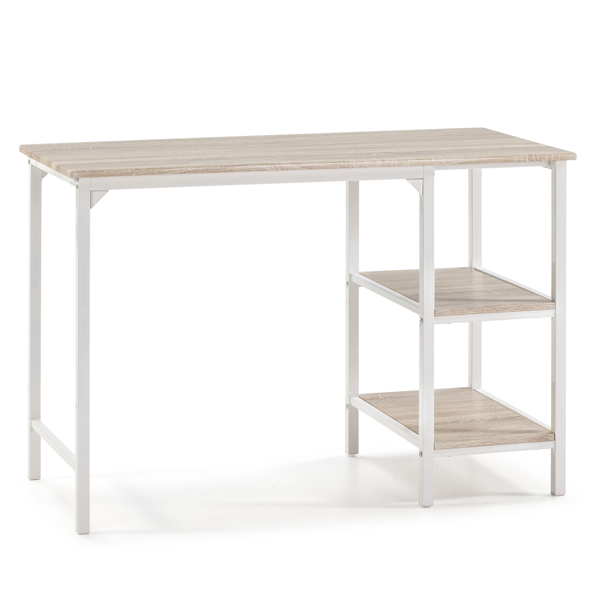 Mesa de escritorio colón blanco, mesa de ordenador, 2 estantes