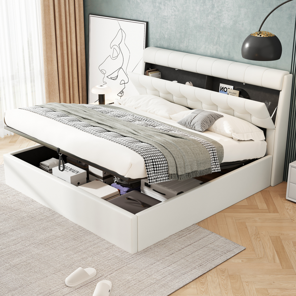 Cama tapizada 160x200cm con canapé hidráulico y almacenaje pu – blanco