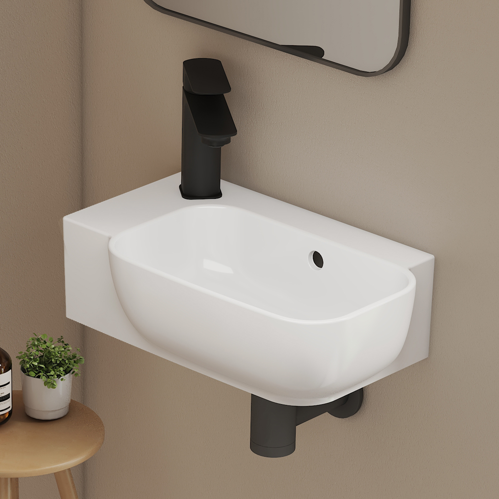 Emke lavabo de pared de cerámica 40x25x14cm, blanco brillante, cuadrado