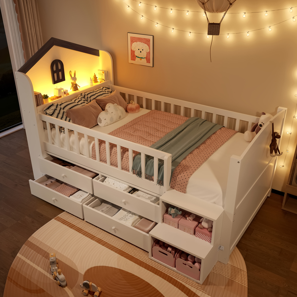 Cama semi alta 90x200cm con cajones, escalera y LED pino – blanco