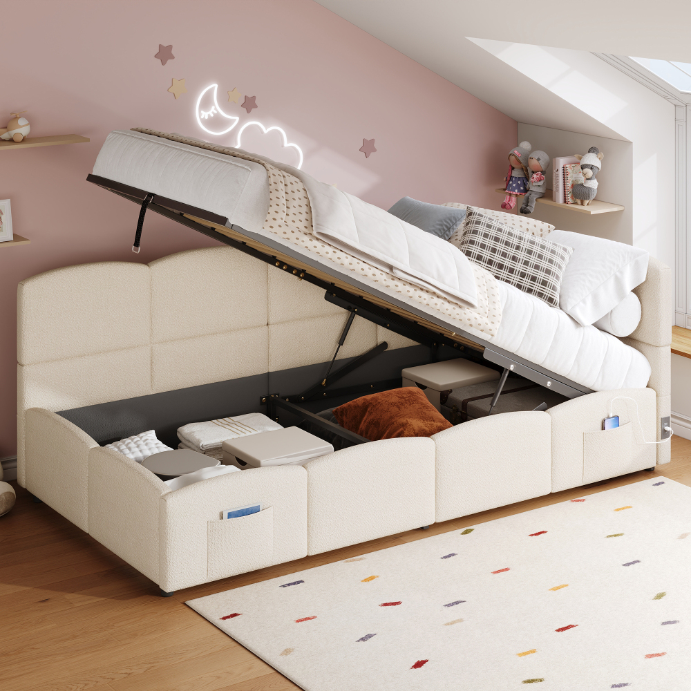 Cama tapizada 90x200cm con canapé hidráulico, usb y bolsillos bouclé beige
