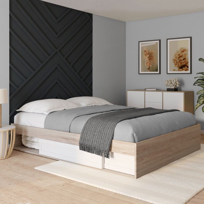 Estructura de cama doble con almacenaje - madera blanca - 160 x 200 cm