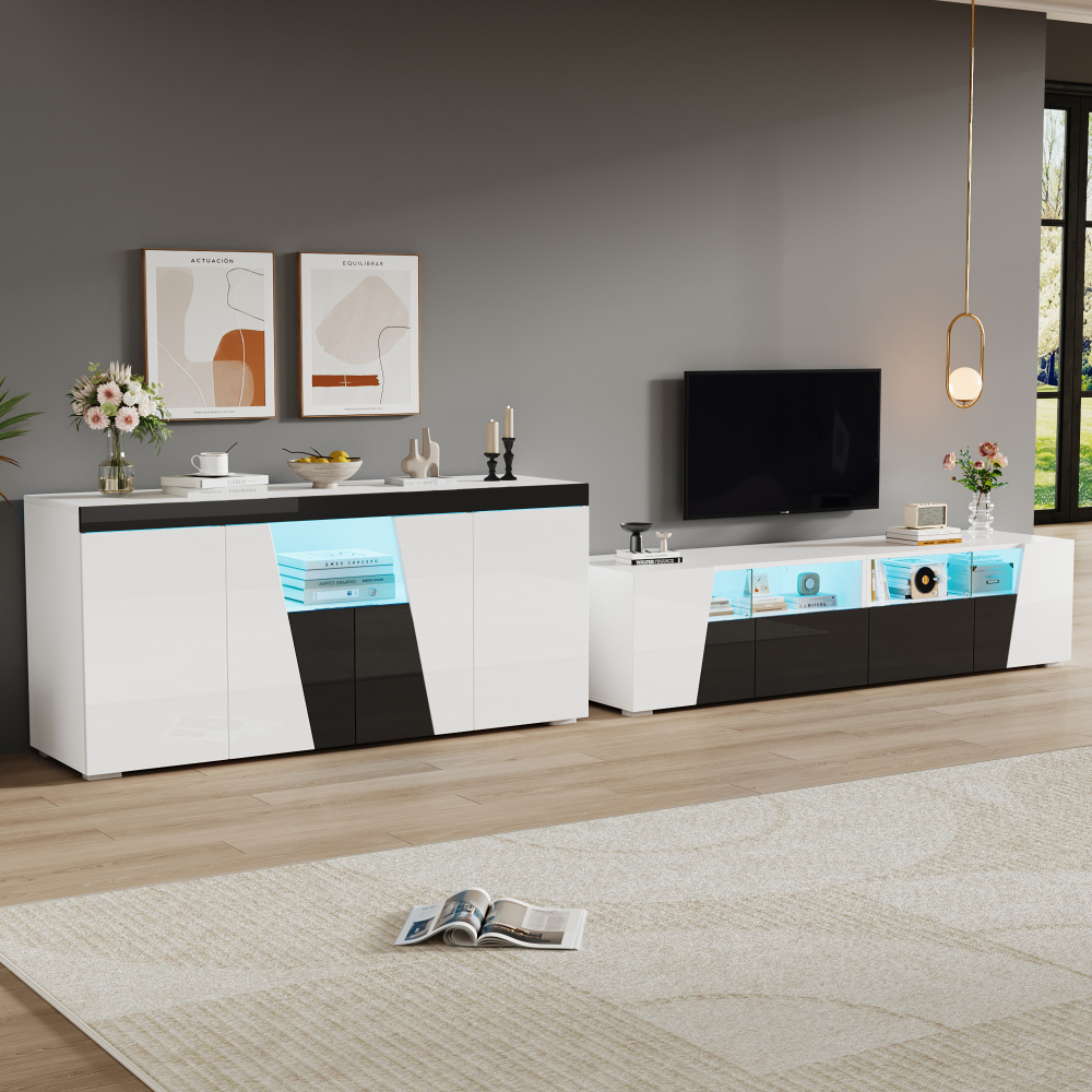 Mueble de tv con aparador y LED 6 puertas blanco y negro 180x38,5x45cm