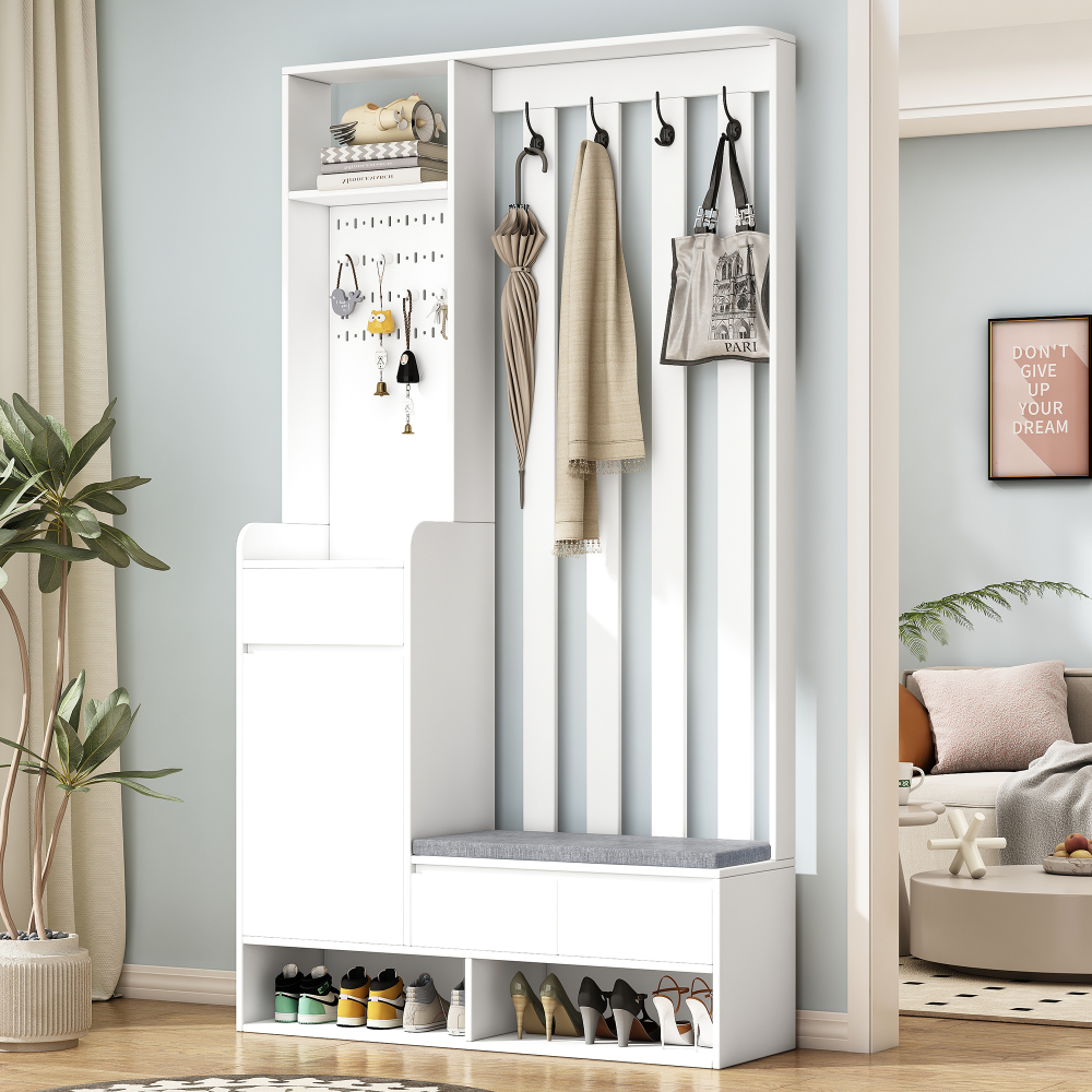 Mueble recibidor con banco acolchado y 1 cajón blanco 180x100x35cm