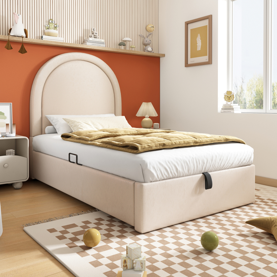 Cama individual tapizada 90x200cm con almacenaje colchón pu beige