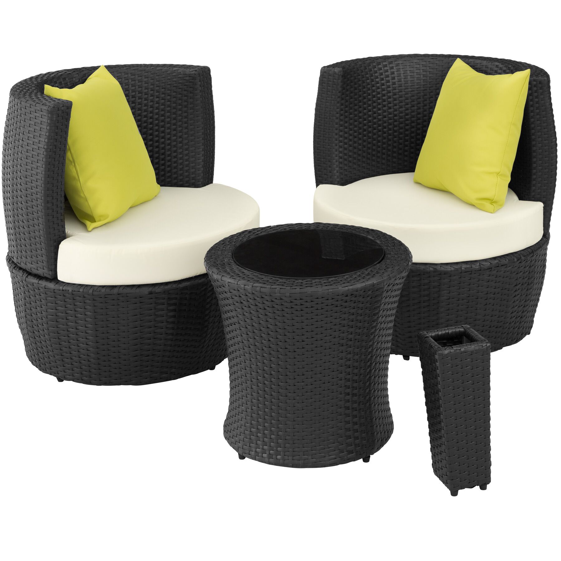 Conjunto de ratán y aluminio, 2 sillones, 1 mesa, 1 florero, negro
