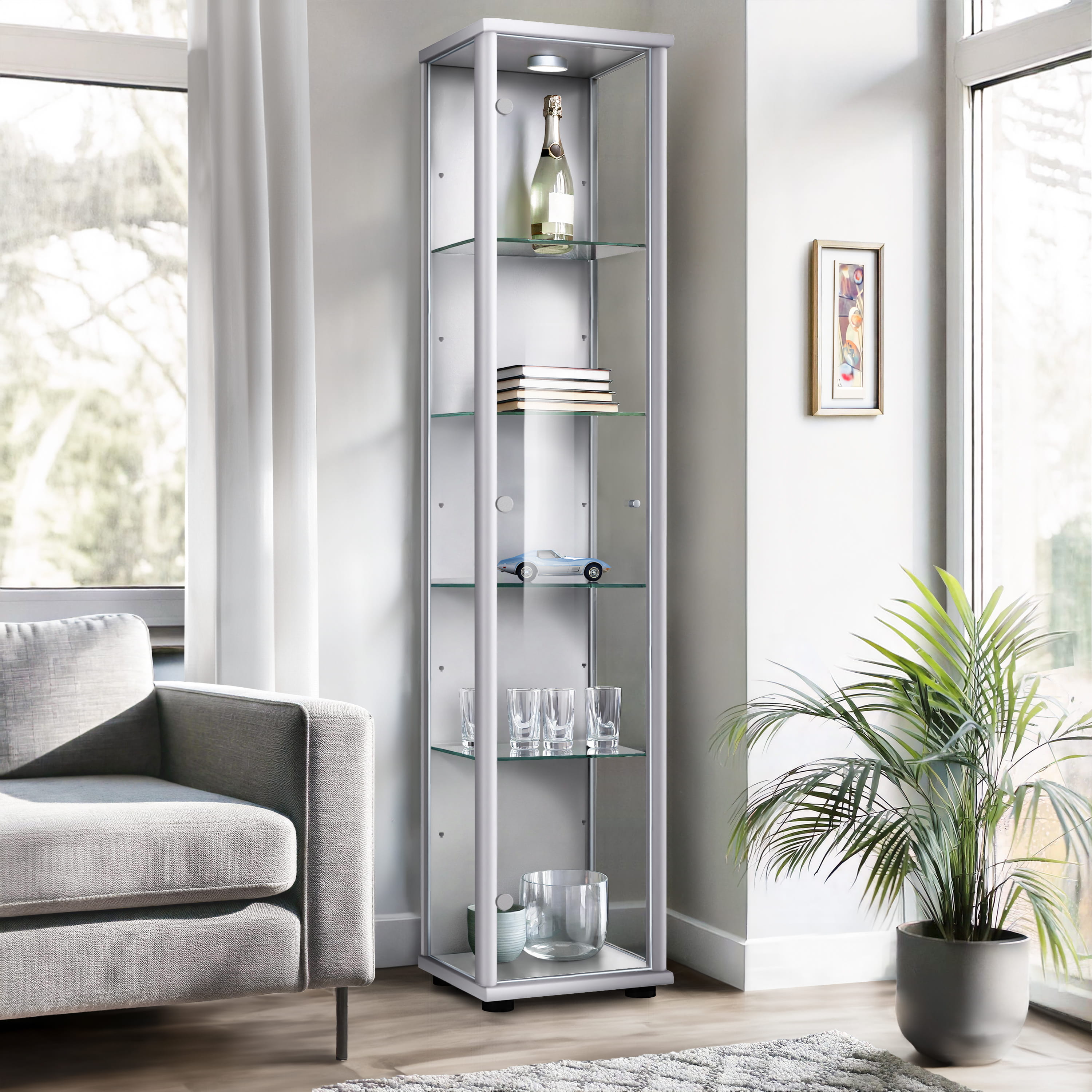 K-möbel vitrina cristal aluminio/plata 176x37x33 cm 4 estantes regulables