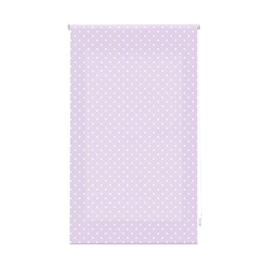 Estor enrollable premium 120x180 morado con motas blancas