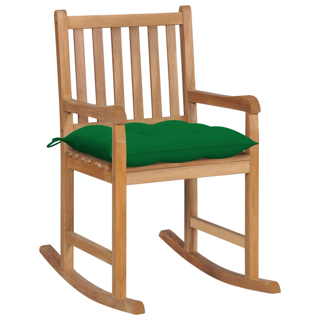 vidaXL silla mecedora de madera maciza de teca con cojín verde