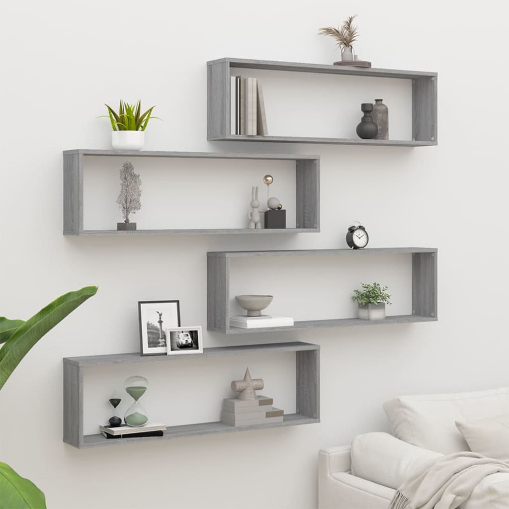 Estante cubo pared 4 uds contrachapada gris sonoma 100x15x30 cm