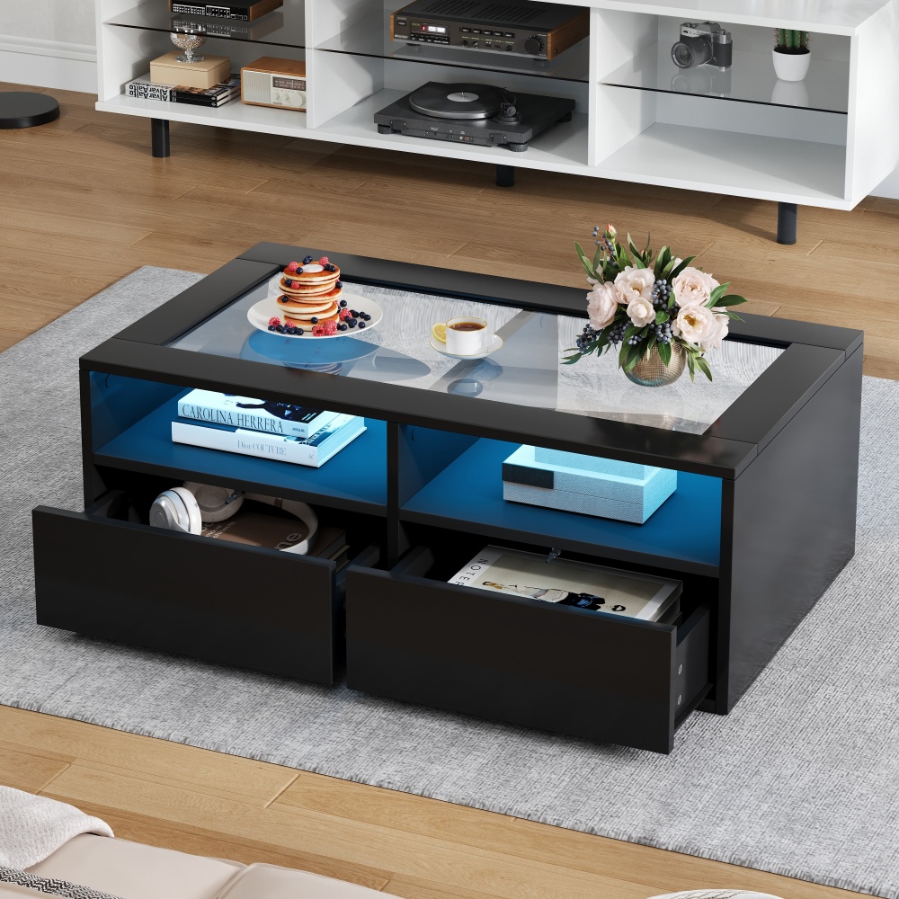 Mesa de centro con LED vidrio y 2 cajones negro 35x100x50cm