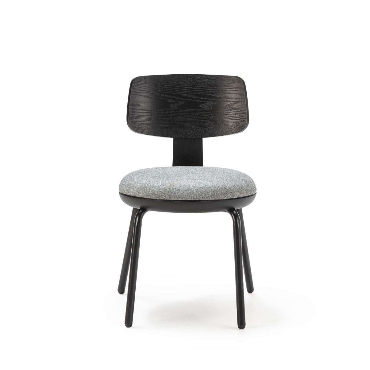 Silla 55x55x75 tela gris, madera, metal negro