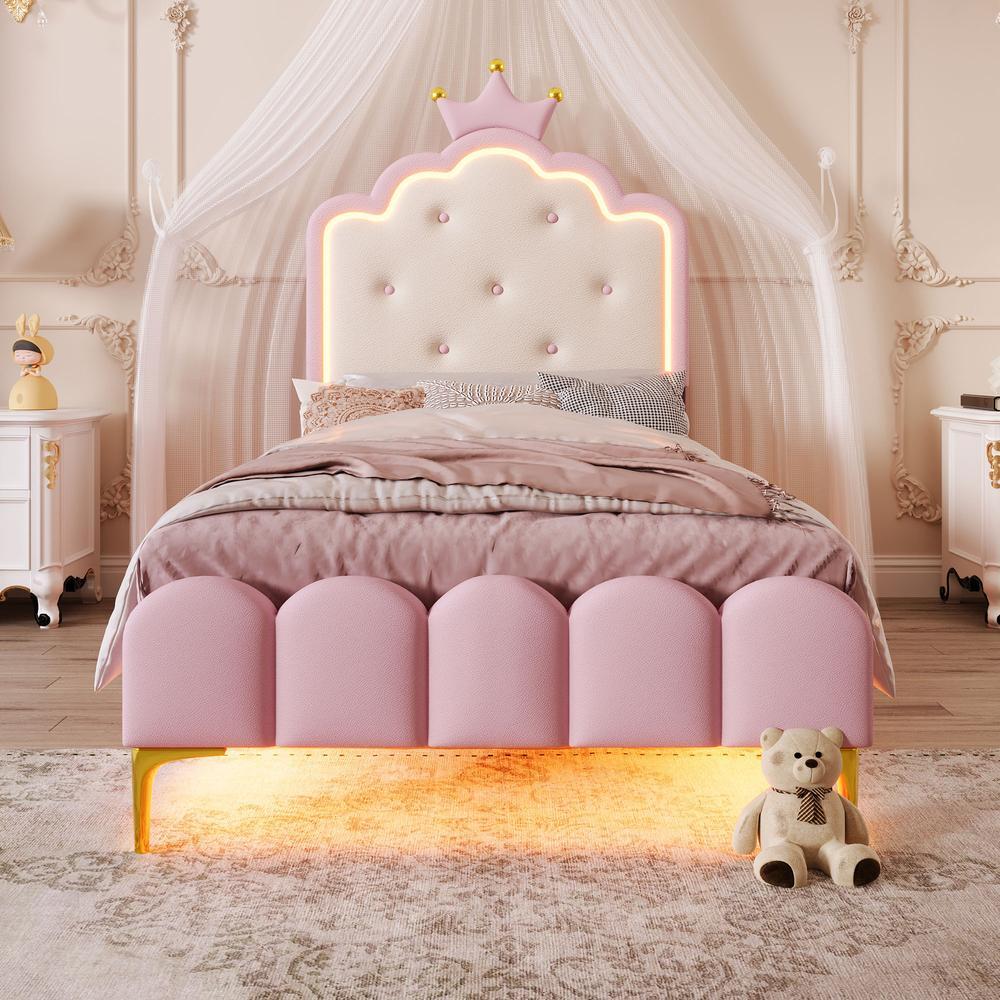 Cama infantil 90x200 cm rosa con corona, LED, mando y somier de lamas