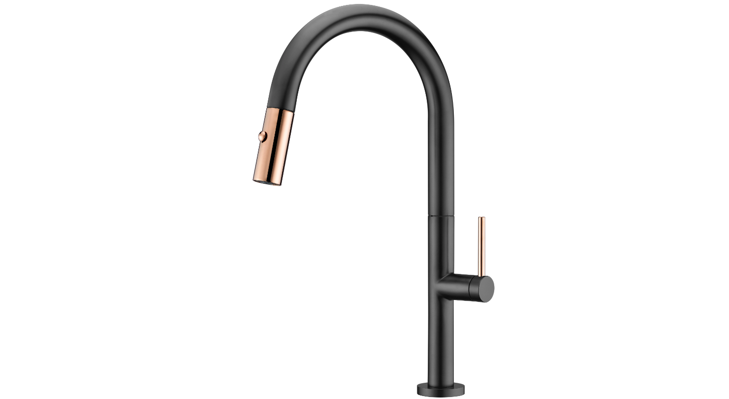 Grifo de cocina con teLEDucha extraíble negro mate y oro rosa