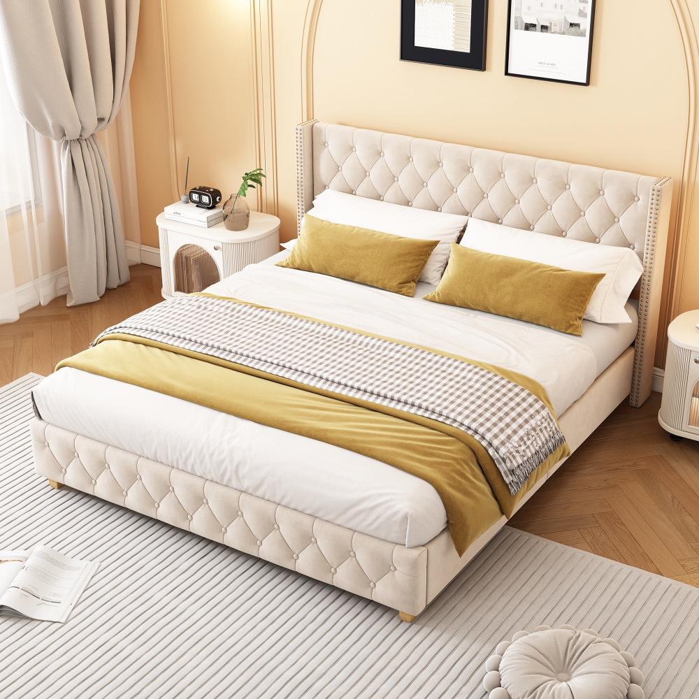 Cama tapizada 180x200cm con cabecero y somier terciopelo – beige claro