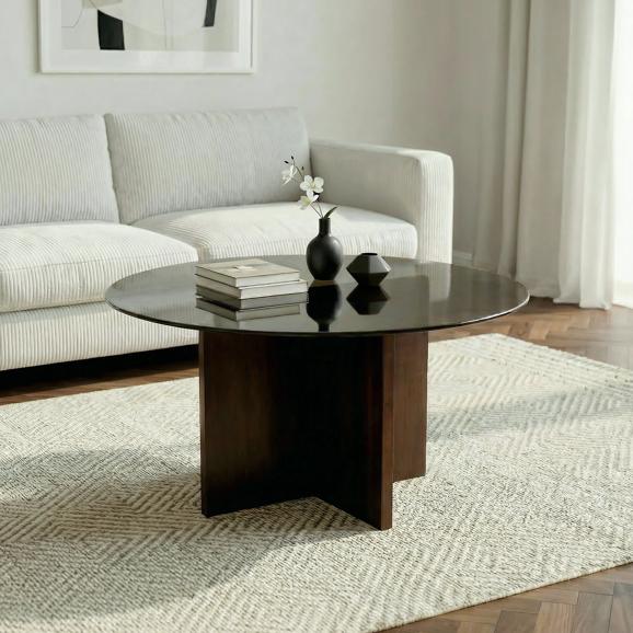 Mesa de centro moderna giulia redonda de cristal negro, acabado nogal, ø80c