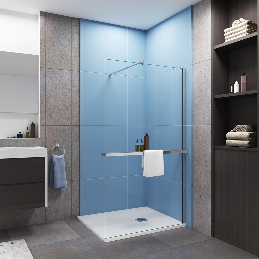 Mampara de ducha fija con estante-100x200cm-8mm antical-barra 70-120cm