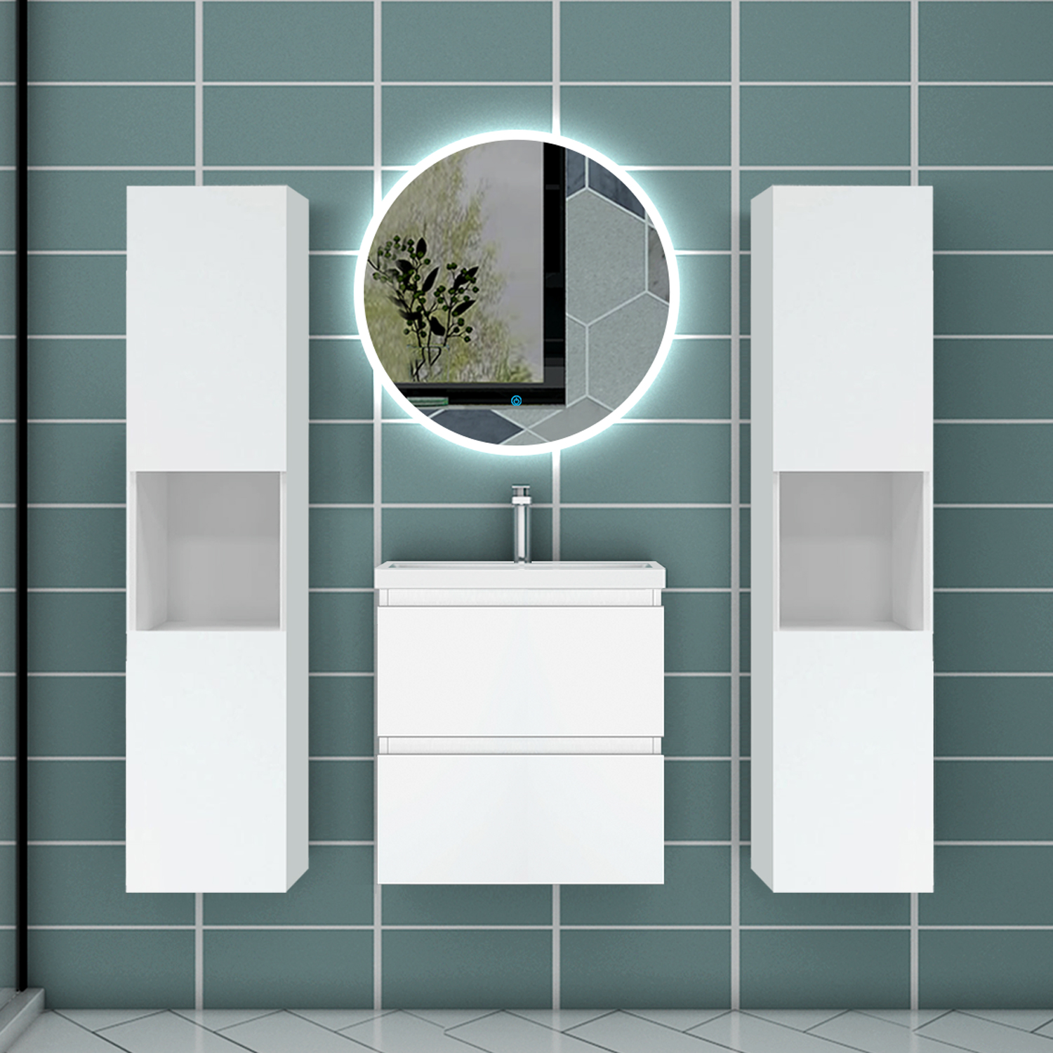 Mueble de baño aica de 50×38,5cm,blanco,con lavabo,espejo y mueble lateral