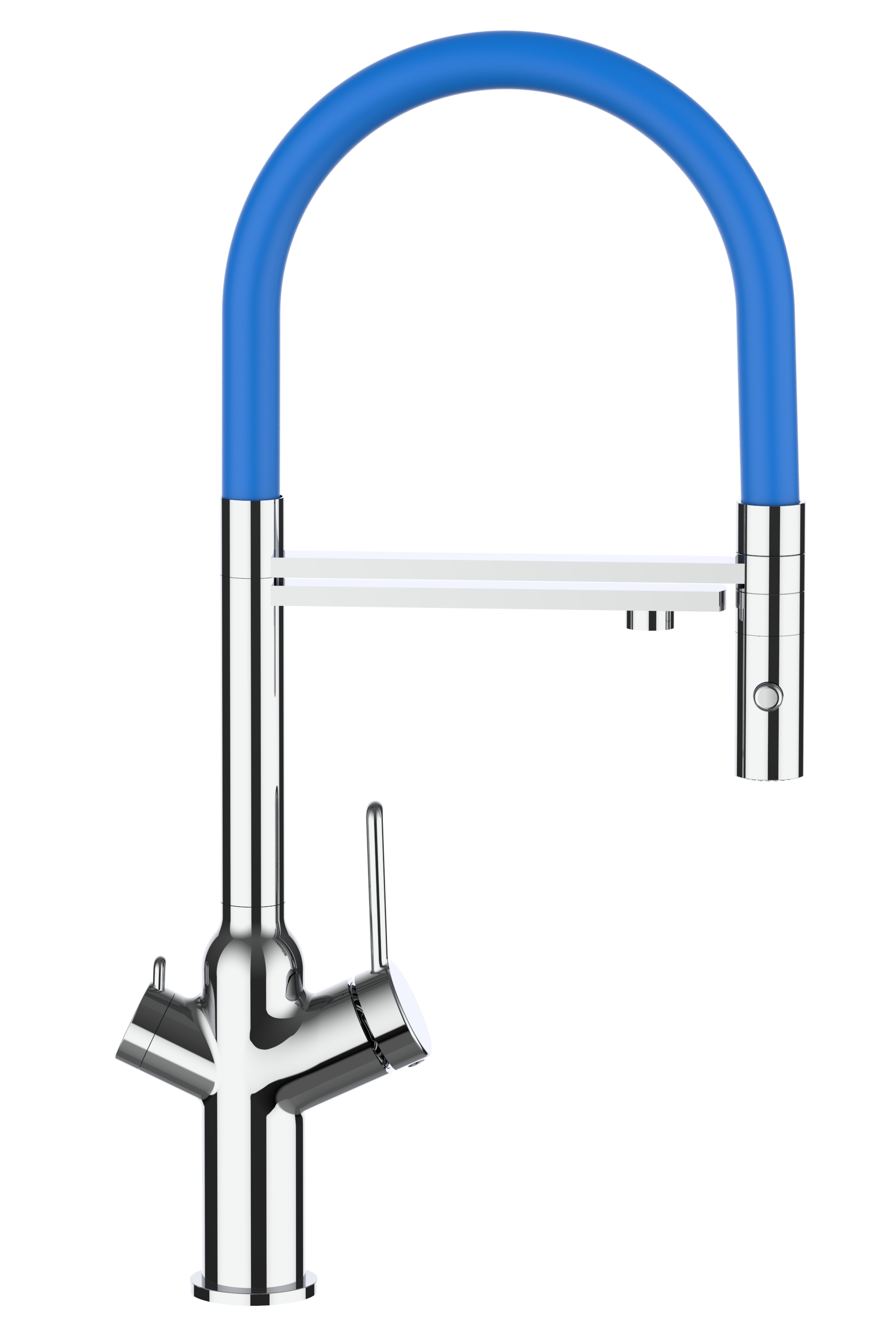 Grifo de cocina 4 vías cromado caño giratorio azul ducha 2chorros, BOD