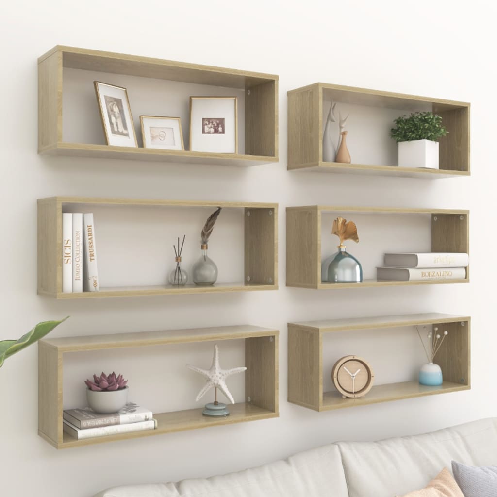 Estante cubo pared 6 uds contrachapado roble sonoma 60x15x23 cm