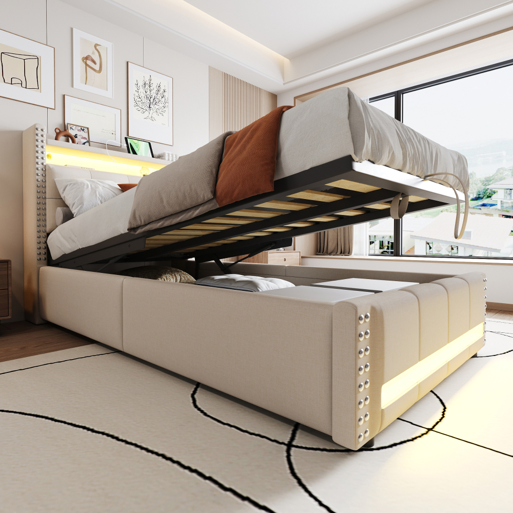 Cama tapizada 90x200cm con canapé hidráulico, LED y usb lino – beige