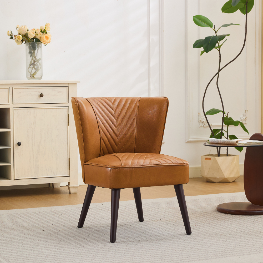 Sillón individual piel marrón claro sin brazos con base de madera
