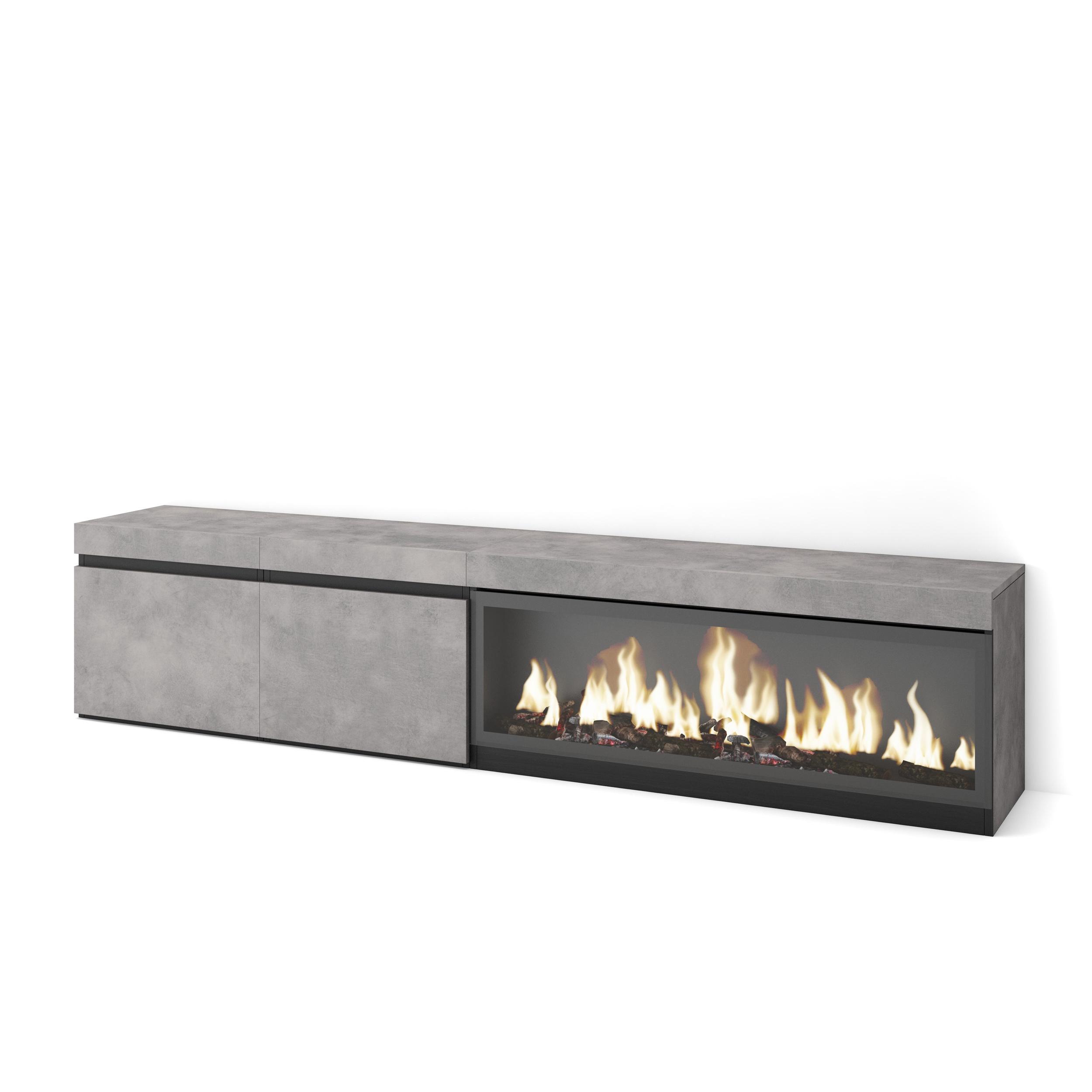 Mueble tv, 208x35x45cm, cemento, chimenea eléctrica xxl rf3210