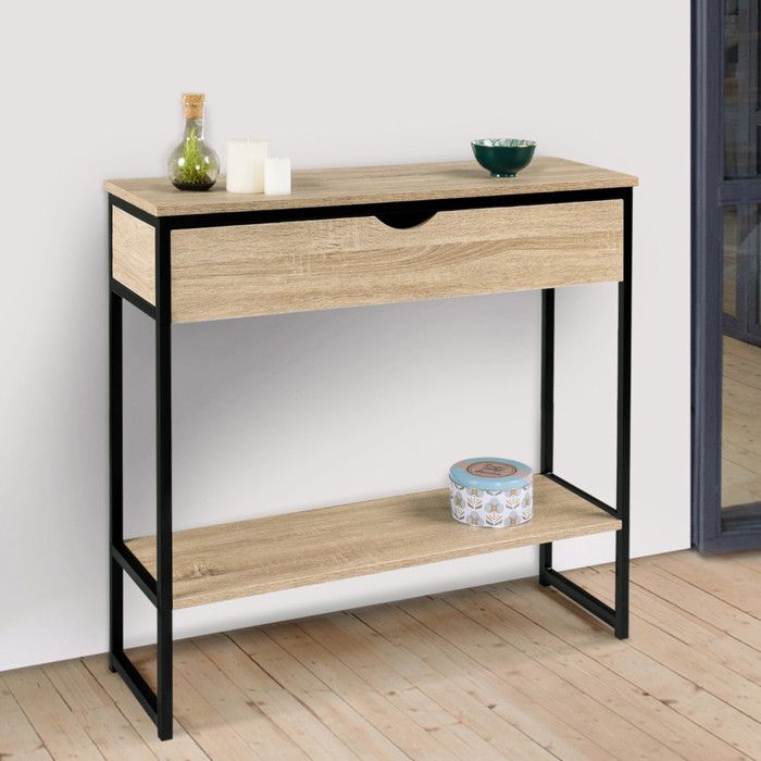 Consola industrial de metal y madera - 90x30x80 cm