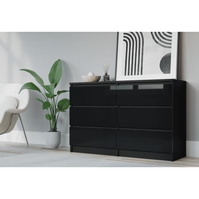 Cómoda 6 cajones 138cm, color: negro mate-negro brillante