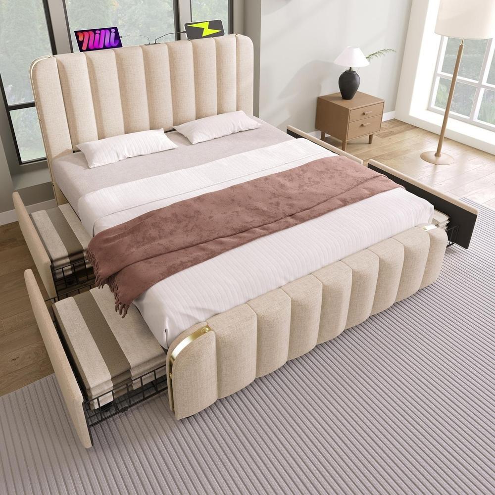 Cama tapizada 160x200cm con cabecero capitoné, beige, 4 cajones y usb