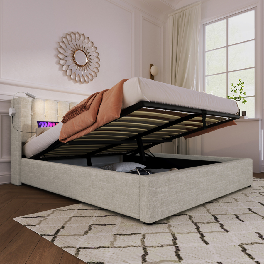 Cama doble 140x200cm con luz lectura usb y almacenaje lino beige colchón