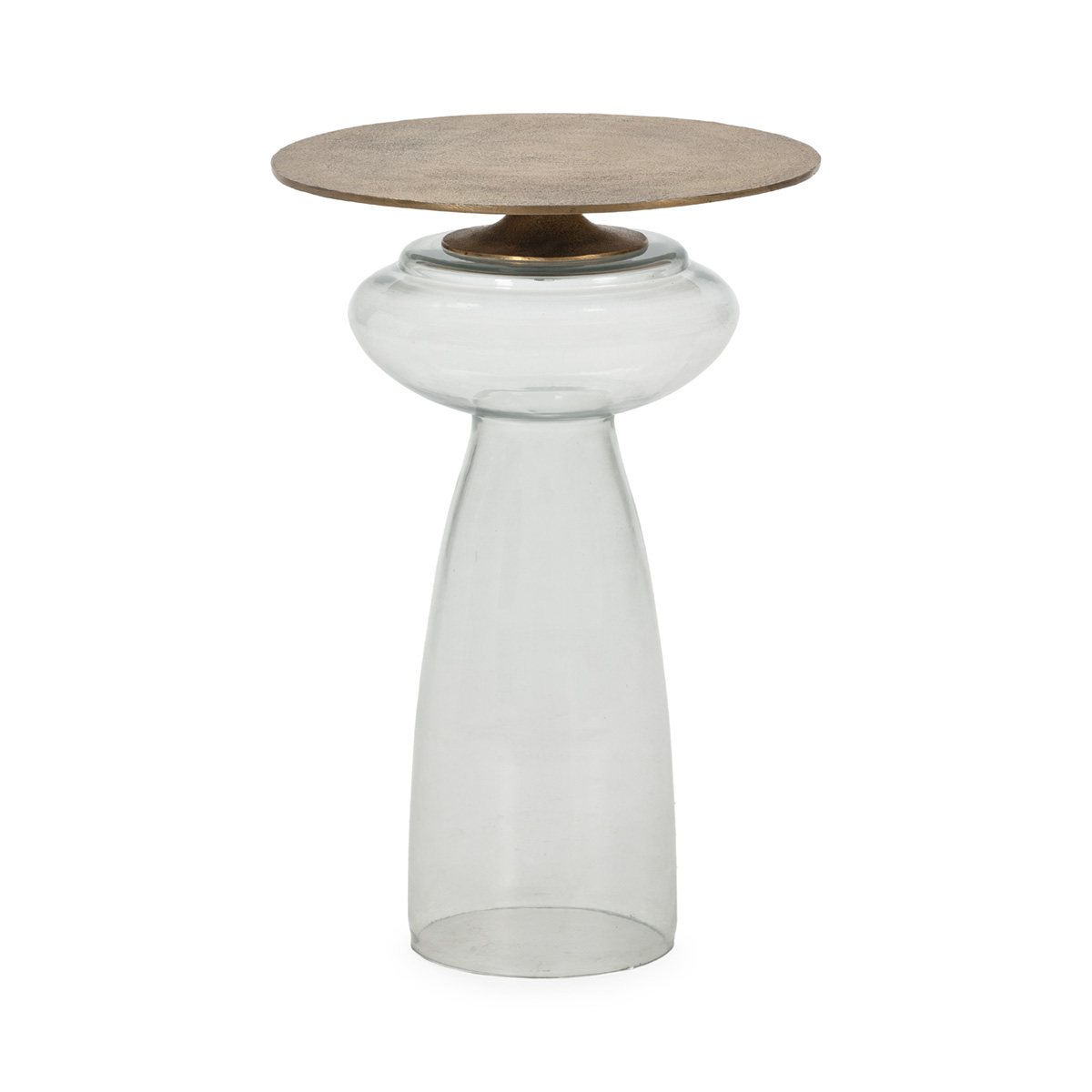 Mesa auxiliar 42x42x63 metal dorado antique, cristal transparente