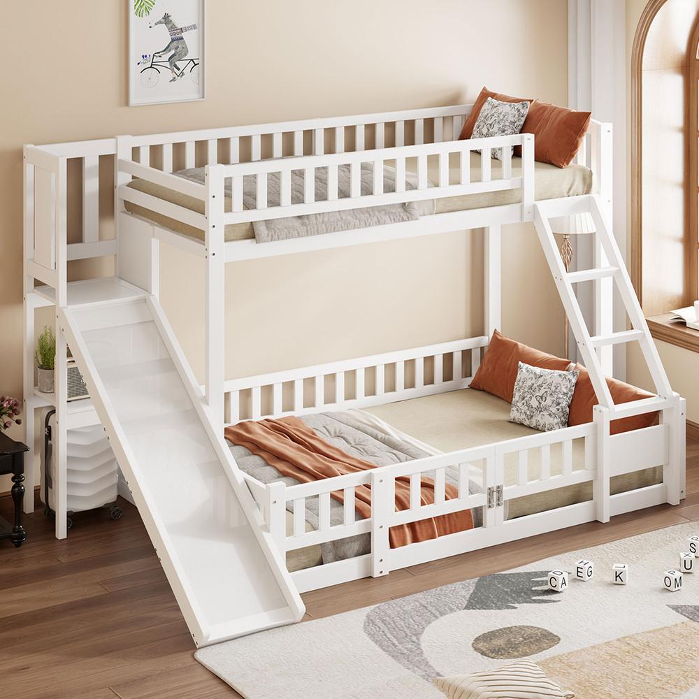 Litera 90x200 y 140x200 cm de pino con tobogán y escalera, blanco